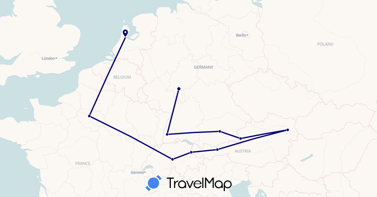TravelMap itinerary: driving in Austria, Switzerland, Germany, France, Liechtenstein, Netherlands (Europe)