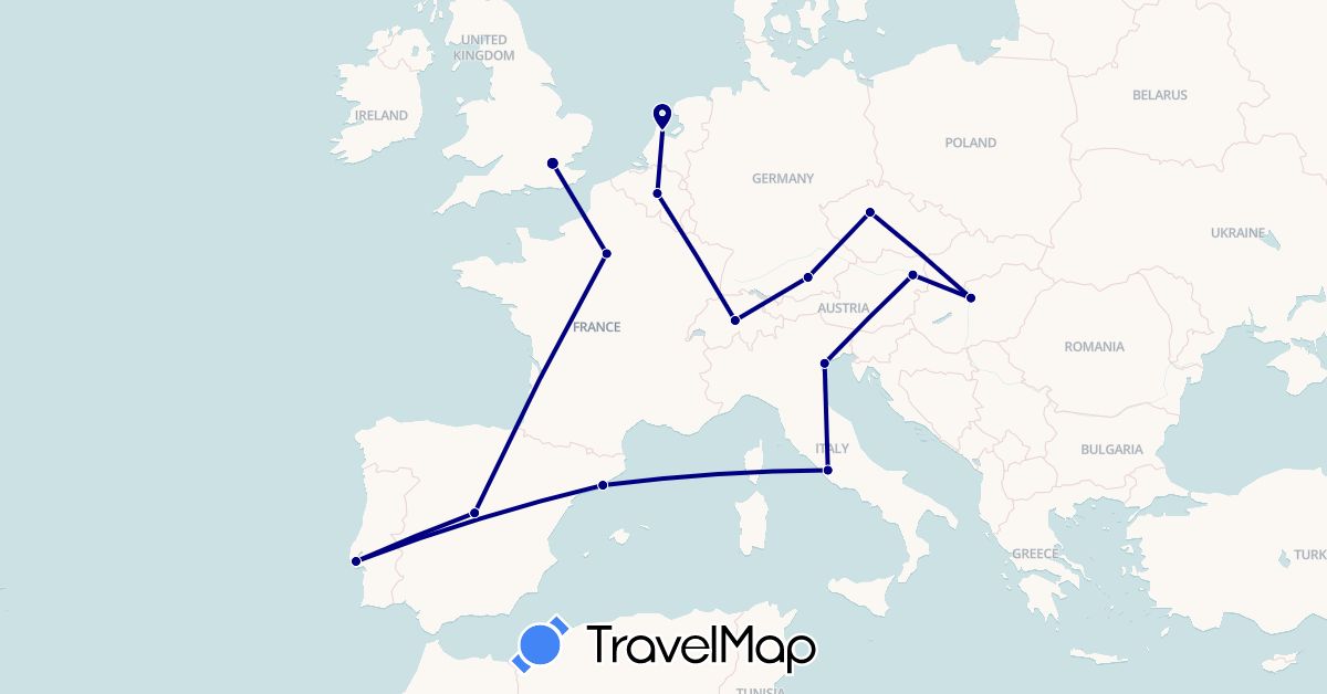 TravelMap itinerary: driving in Austria, Belgium, Switzerland, Czech Republic, Germany, Spain, France, United Kingdom, Hungary, Italy, Netherlands, Portugal (Europe)