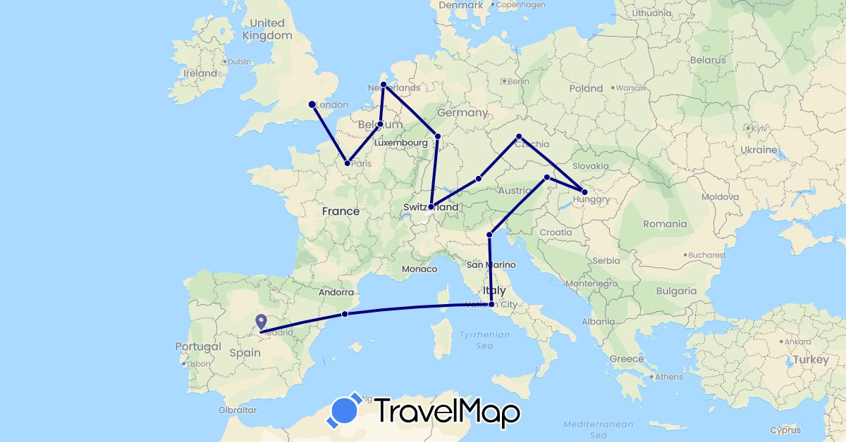 TravelMap itinerary: driving in Austria, Belgium, Switzerland, Czech Republic, Germany, Spain, France, United Kingdom, Hungary, Italy, Netherlands (Europe)